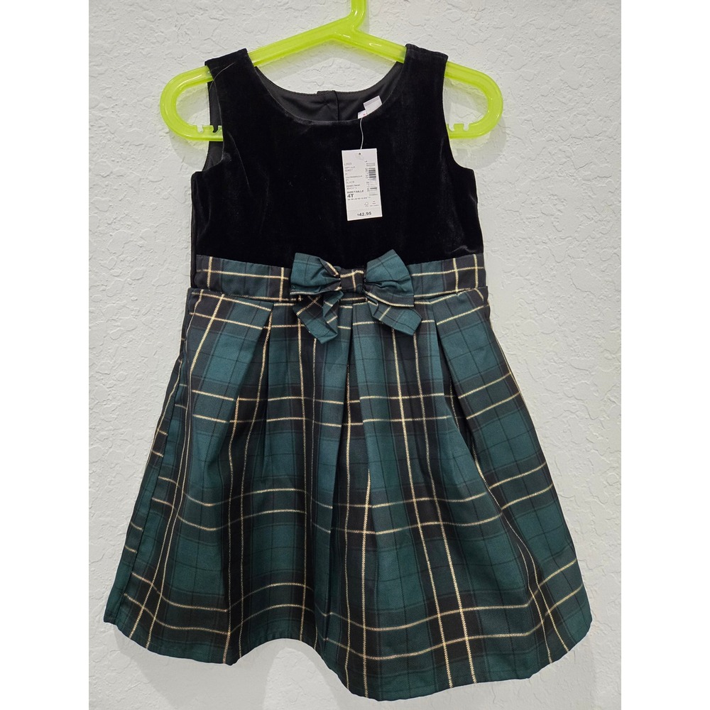 The Childrens Place Girls 4T Black Velvet Green Plaid Holiday Dress 3042416